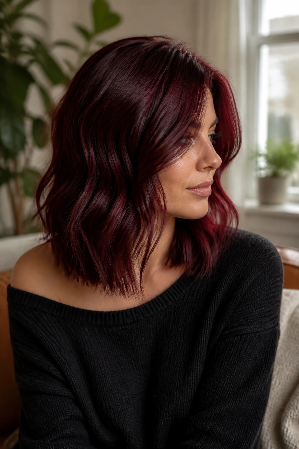 Portrait of a woman with deep burgundy lob and subtle waves in a cozy living room