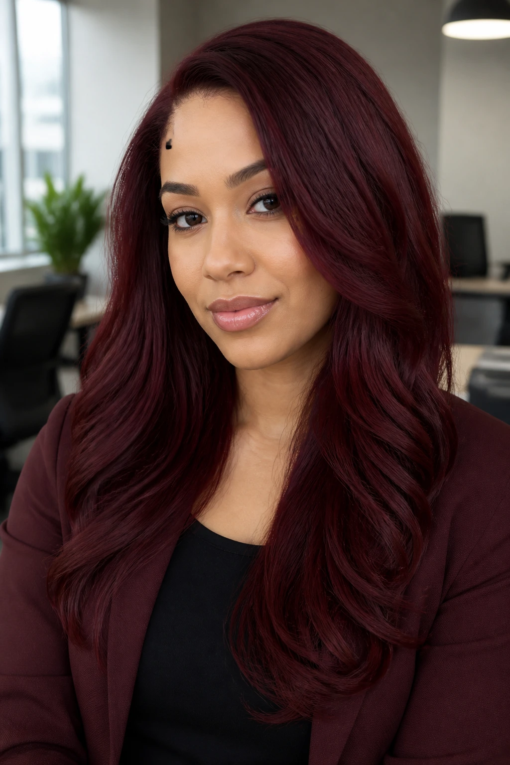 Real person with deep burgundy maroon hair in office lighting