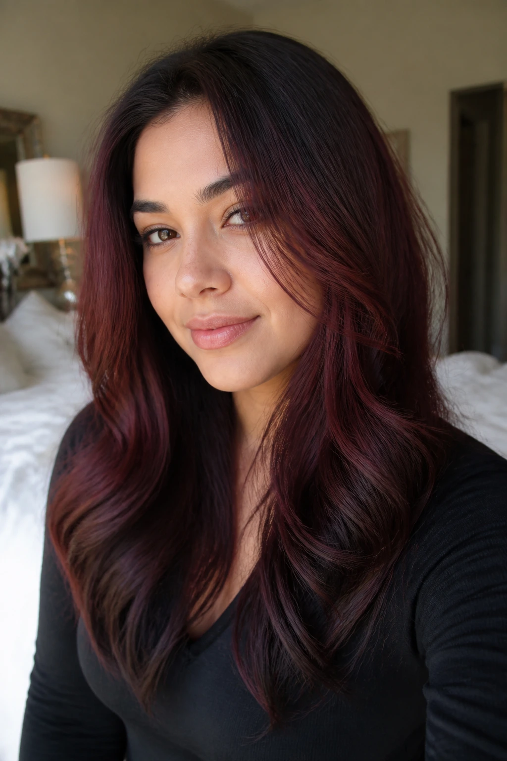 Close-up of woman with burgundy-to-deep-brown hair melt in natural morning light