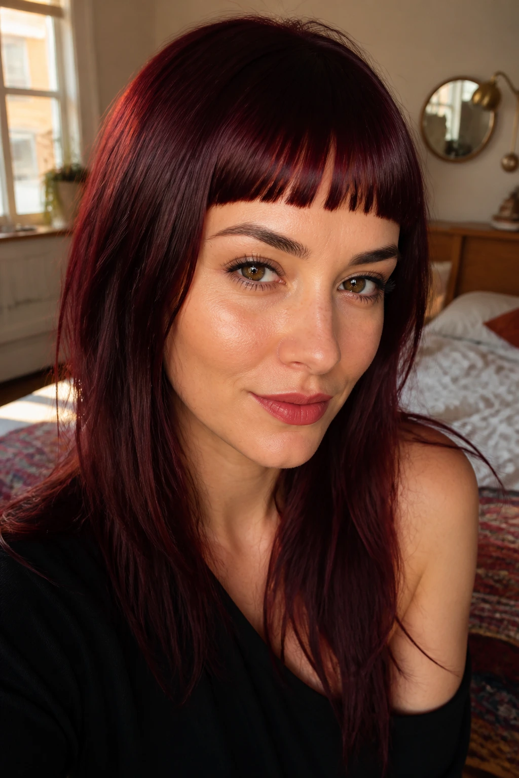 Close-up portrait of a real woman with burgundy micro-fringe and glossy hair under natural window light.