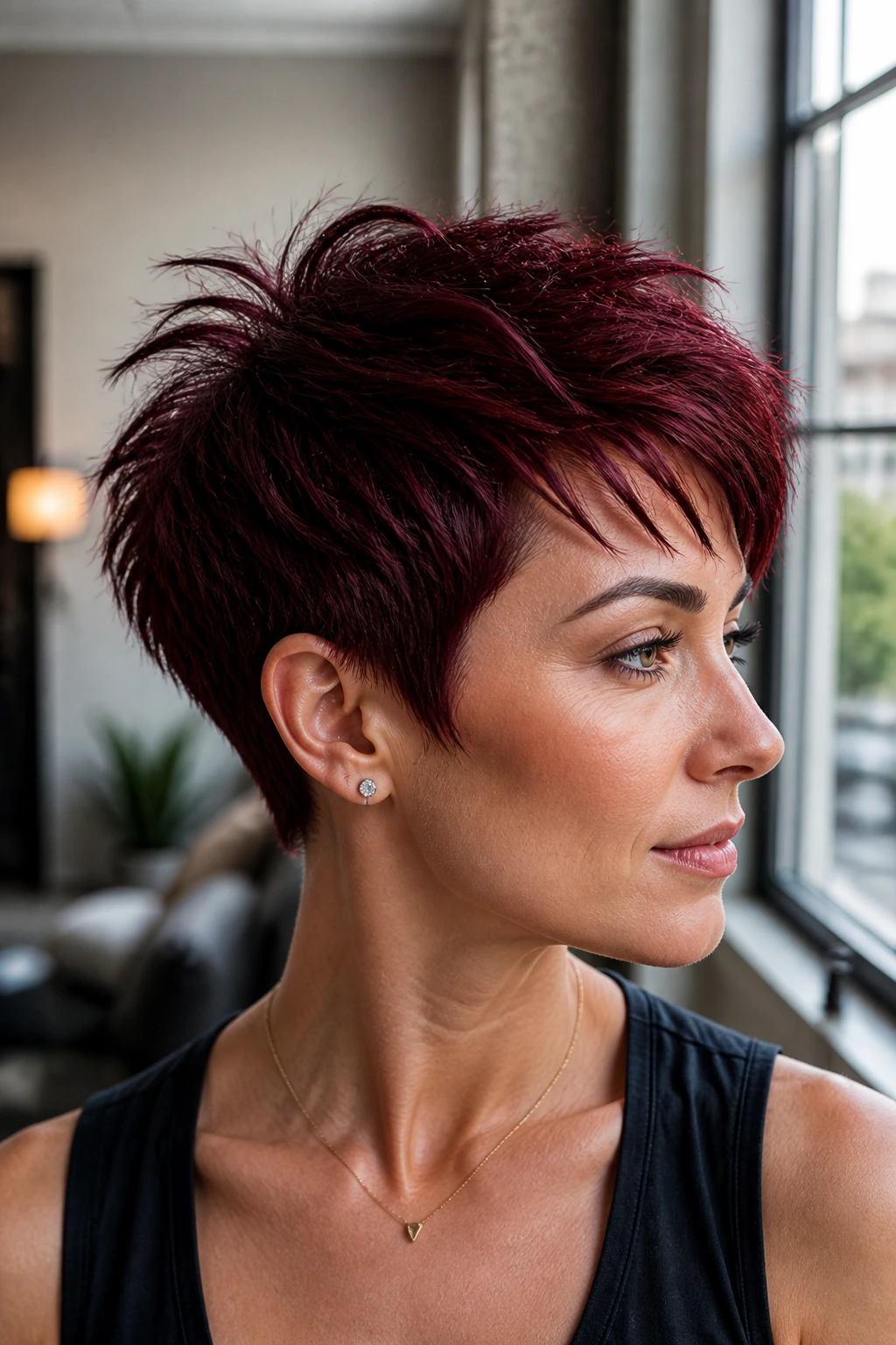 Real woman with burgundy pixie cut in a close-up.