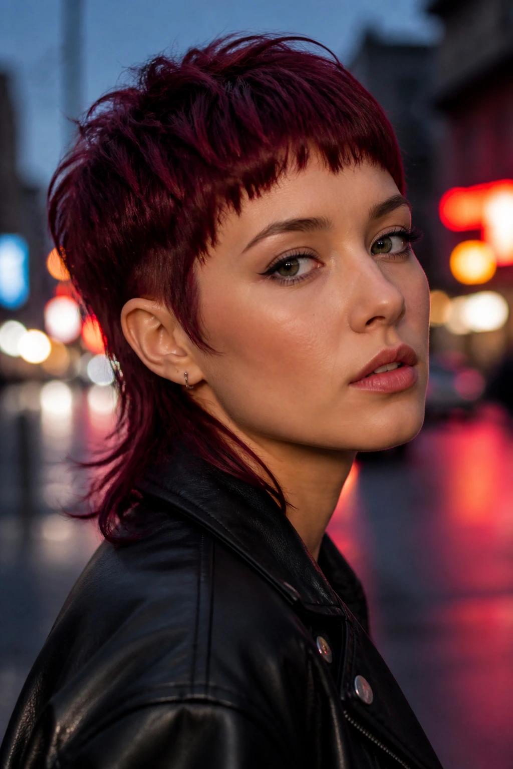 Close-up of a real person with a deep burgundy pixie mullet on an urban street at dusk