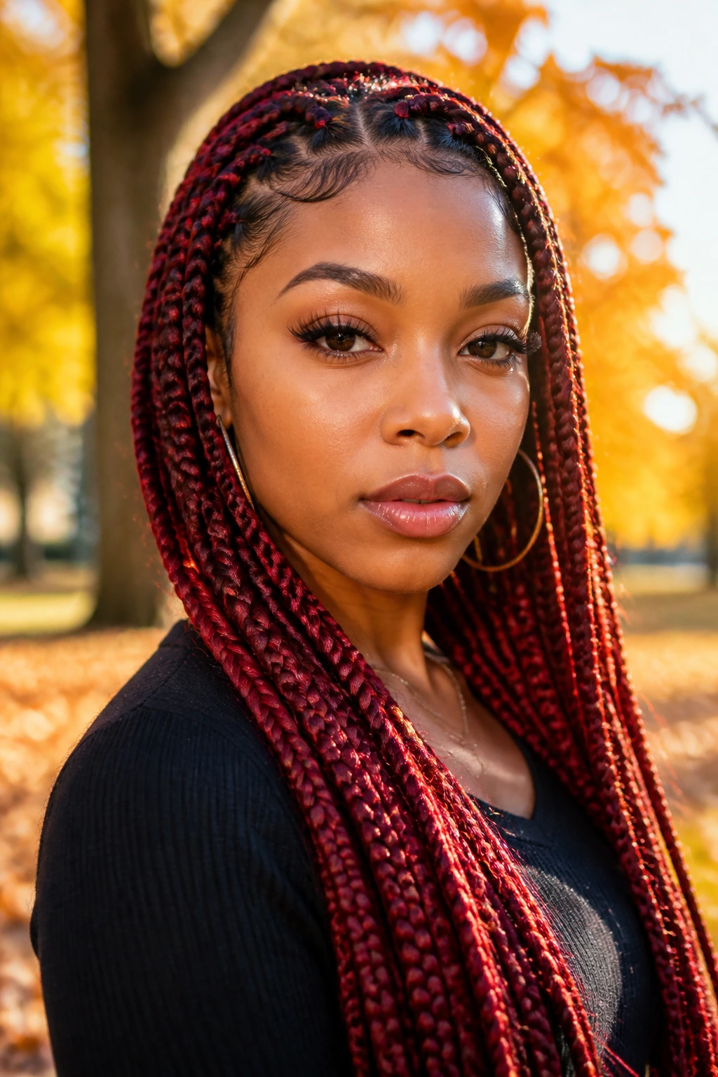 Close-up of a person with burgundy and red braided hairstyle in an autumn park.