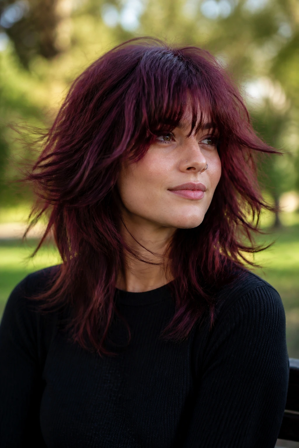 Medium shot of a real woman with burgundy shag haircut showing natural movement outdoors