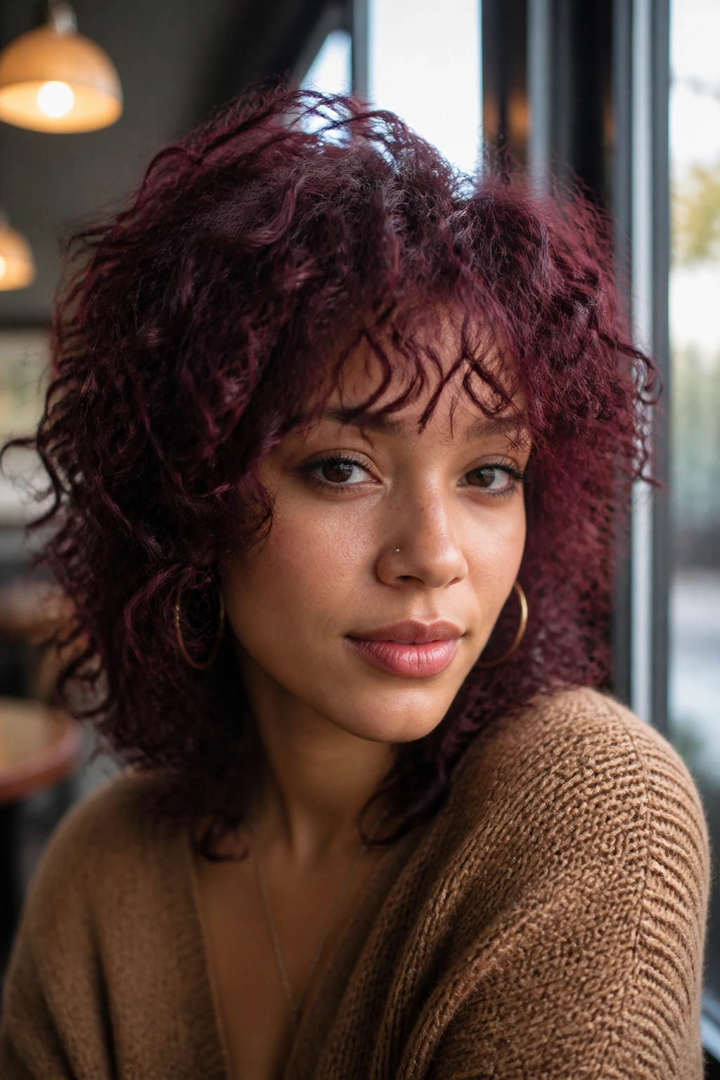 Close-up of a real woman with burgundy shag and piecey bangs in cafe light.