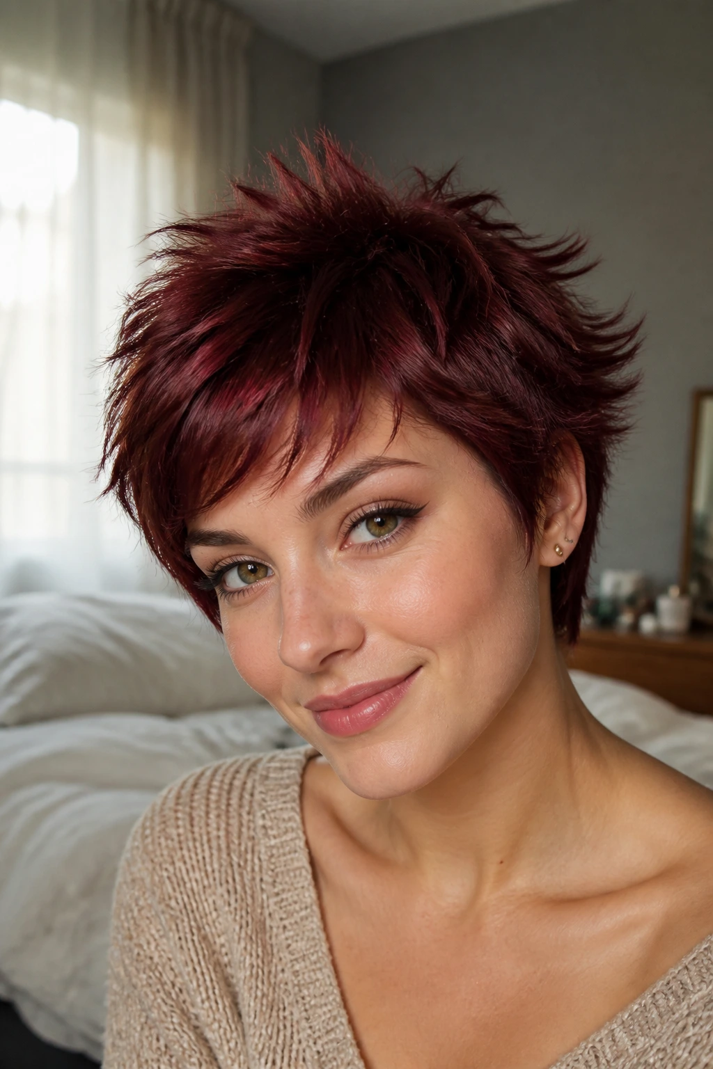 Close-up portrait of a real person with burgundy textured pixie and flipped ends.