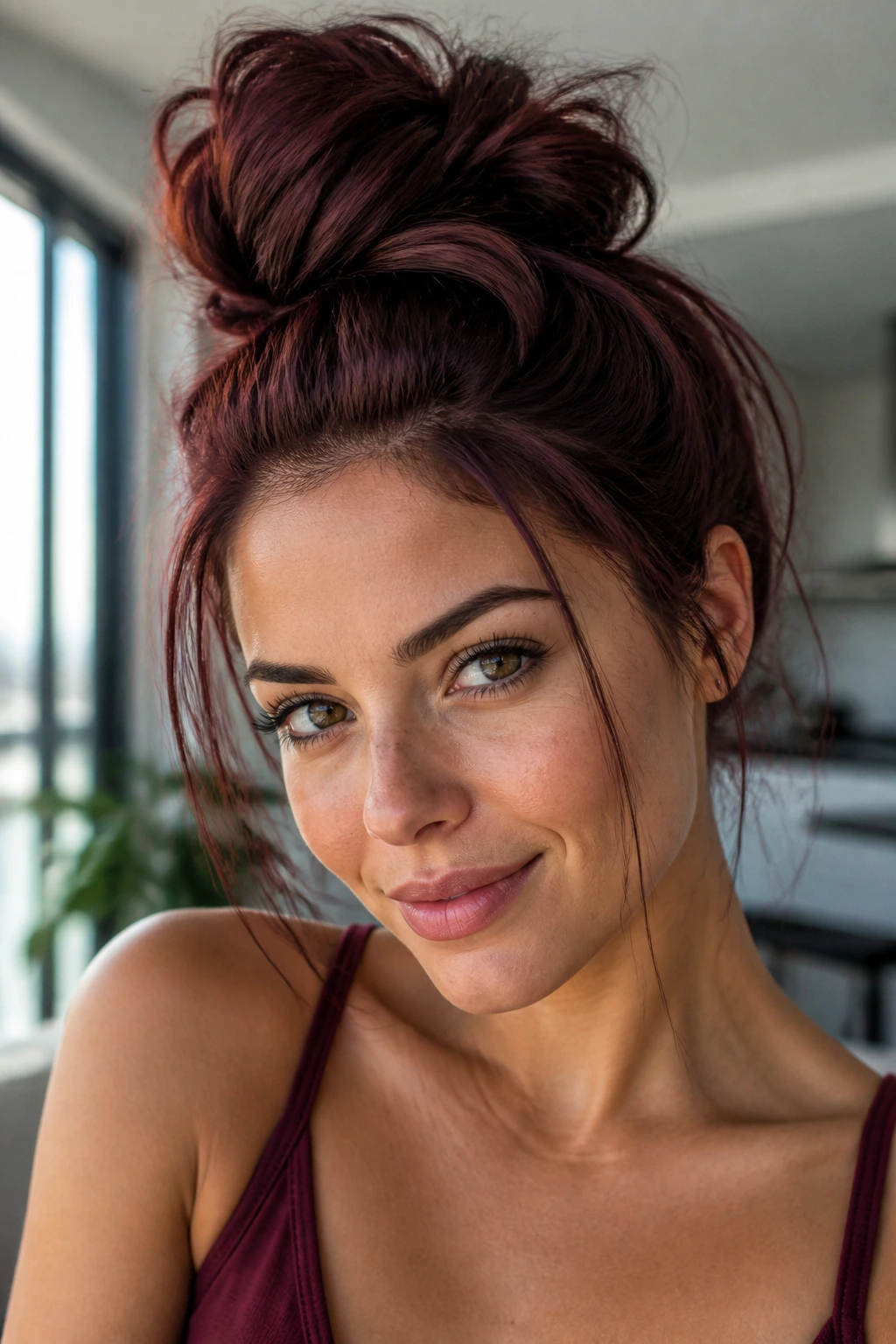 Real woman with a messy burgundy top knot seen from the side.