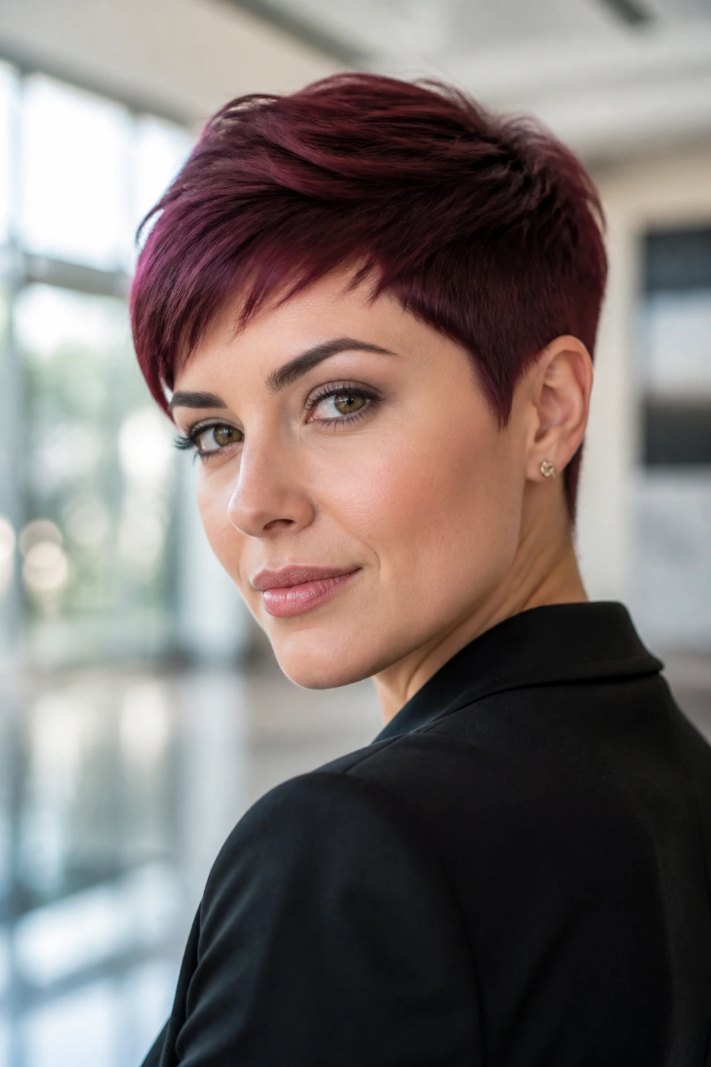 Close-up portrait of a real woman with deep burgundy-violet pixie cut in an office setting