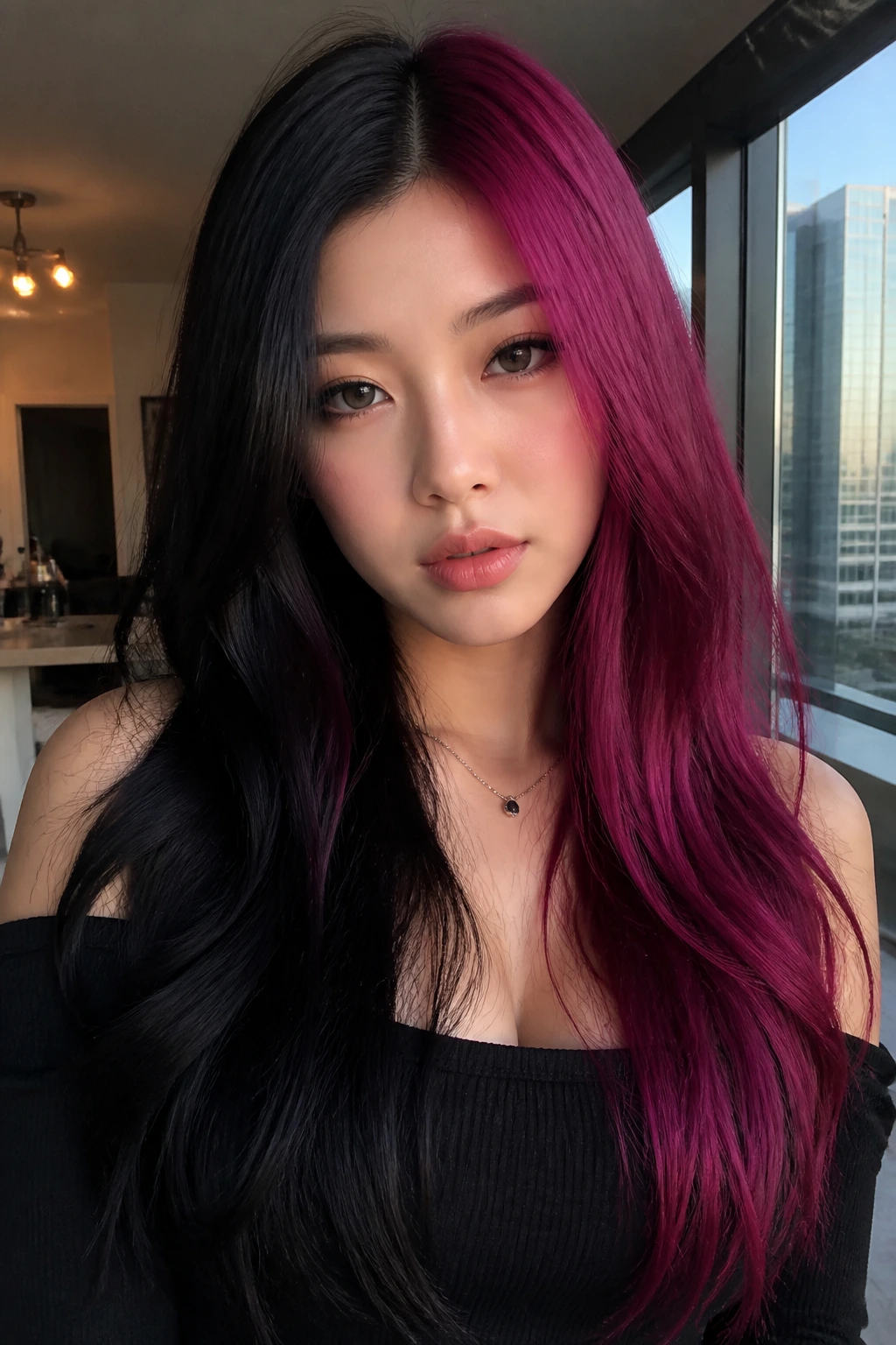 Close-up of a real person showing burgundy-violet split dye on one side and black on the other