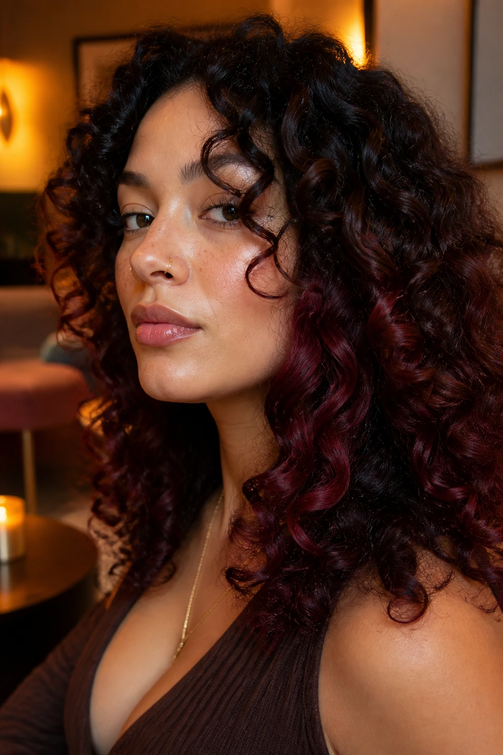 Close-up of real person with burgundy wine panels in curly hair underlayers