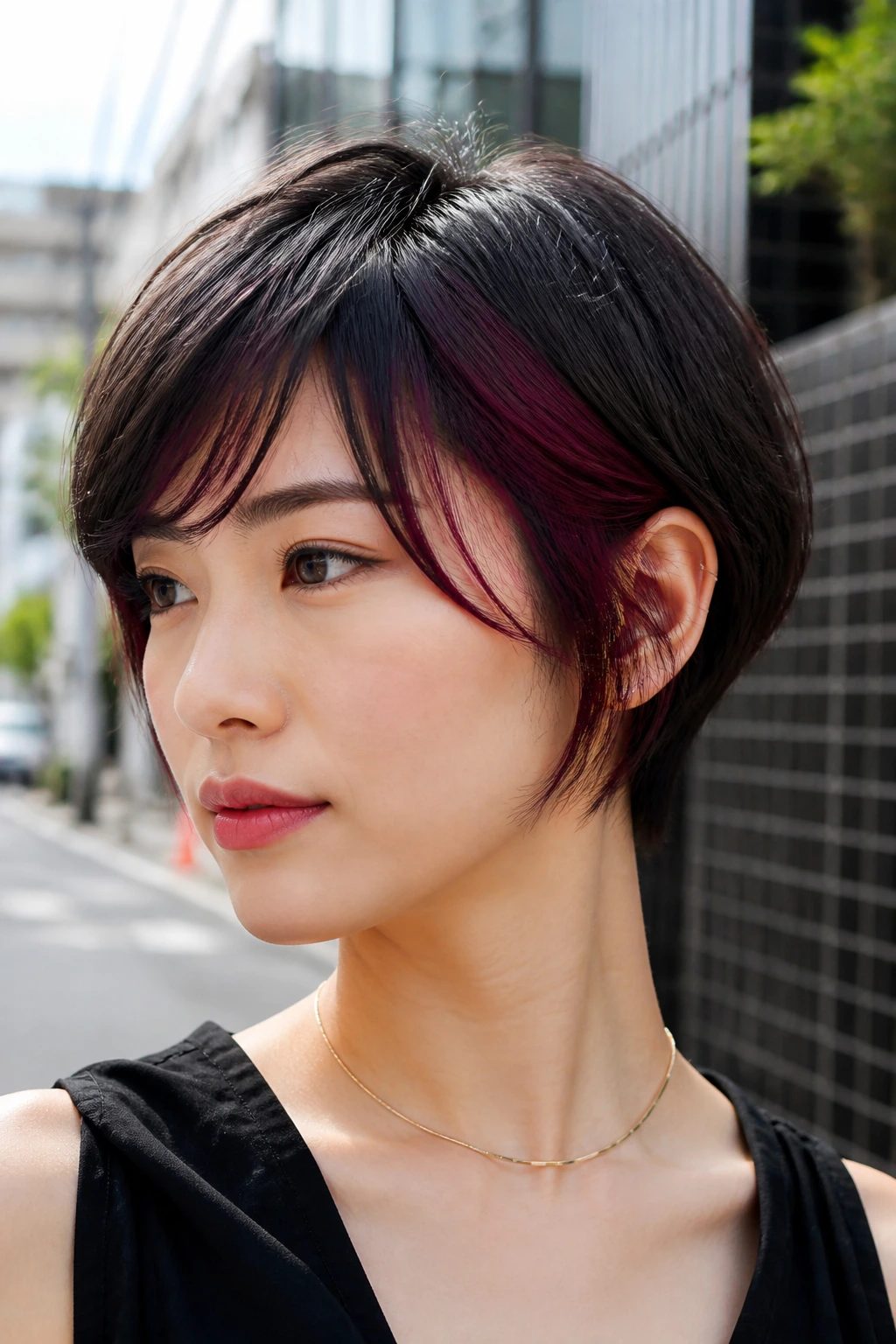 Close-up of burgundy-wine peekaboos on short hair in an urban setting