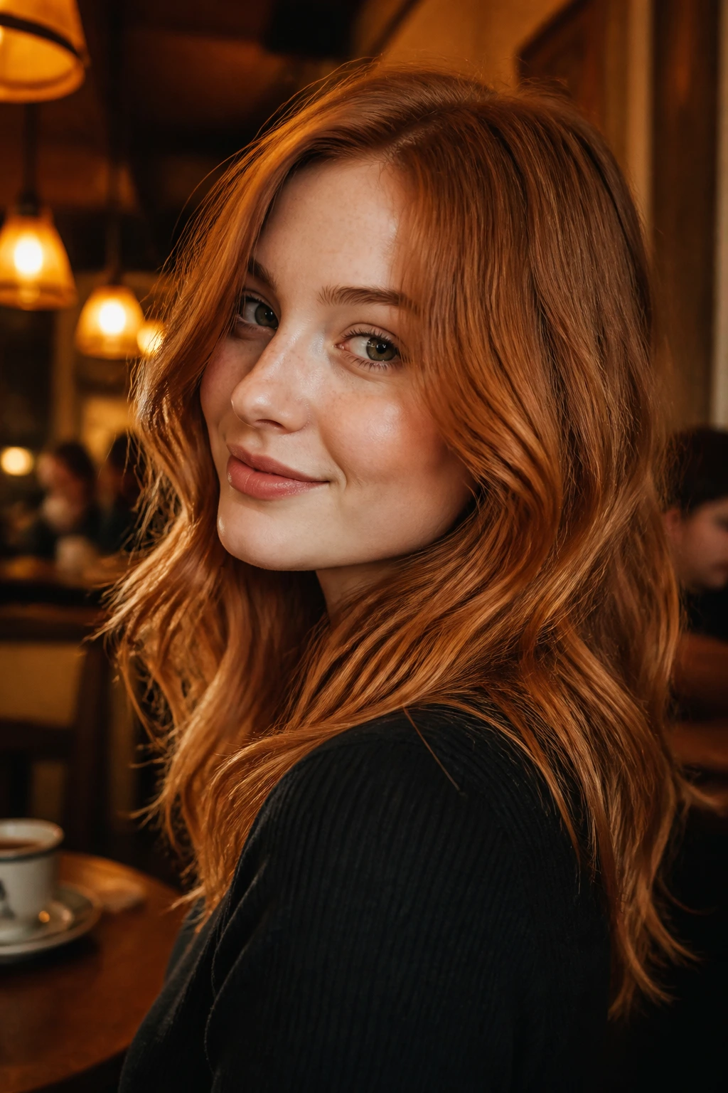 Close-up portrait of real woman with copper penny hair under warm cafe lighting