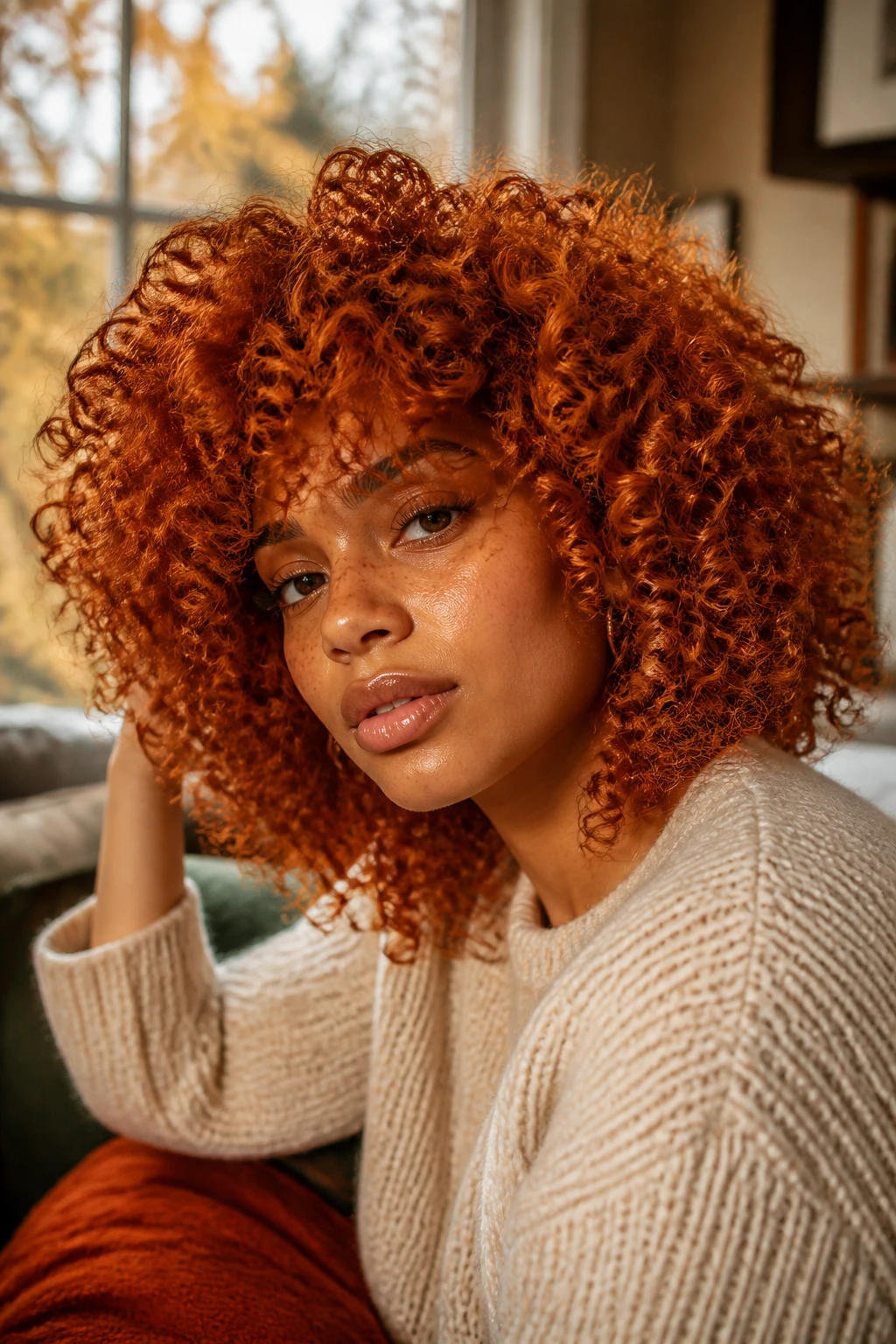 Close-up of a real woman with burnt orange spice curls occupying the frame