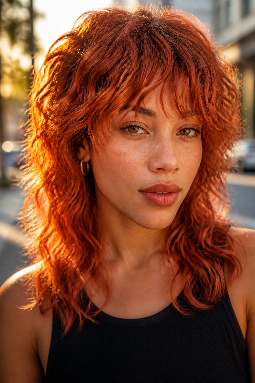 Close-up portrait of a real person with burnt orange wolf cut and textured bangs