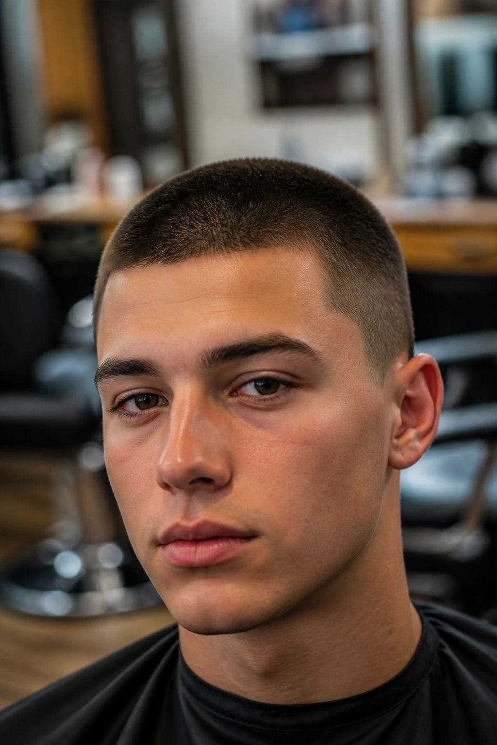 Teenage boy with burr cut in barber shop background