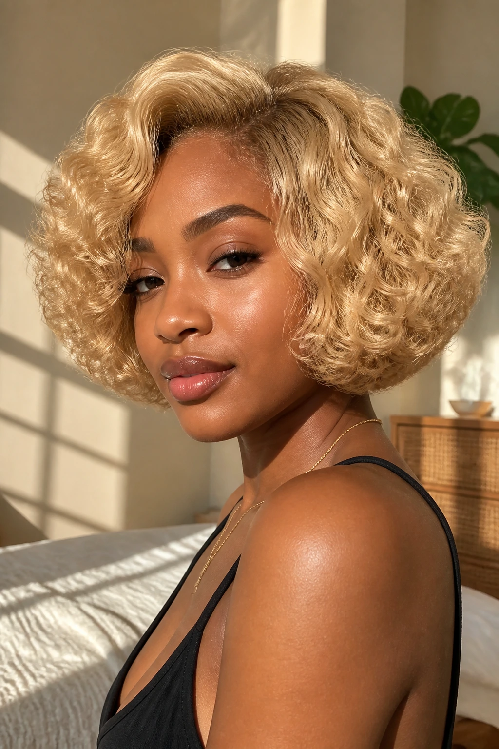 Close-up of a real person with a butter blonde rounded bob, glossy voluminous hairstyle