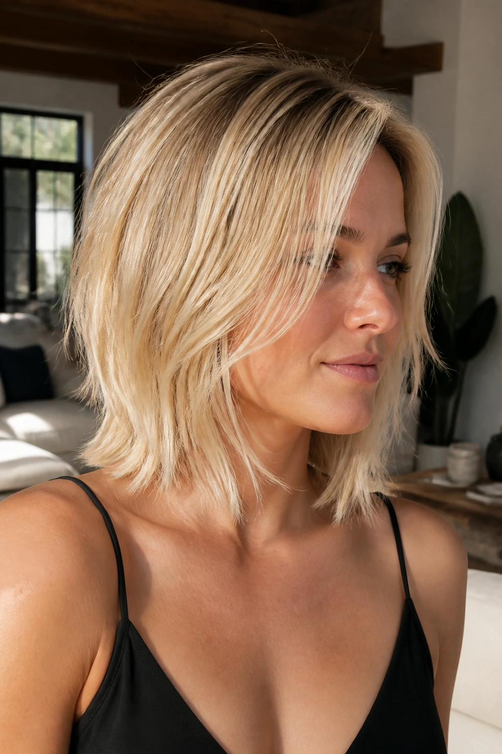 Close-up portrait of a real woman with a layered butter blonde bob in a sunlit living room