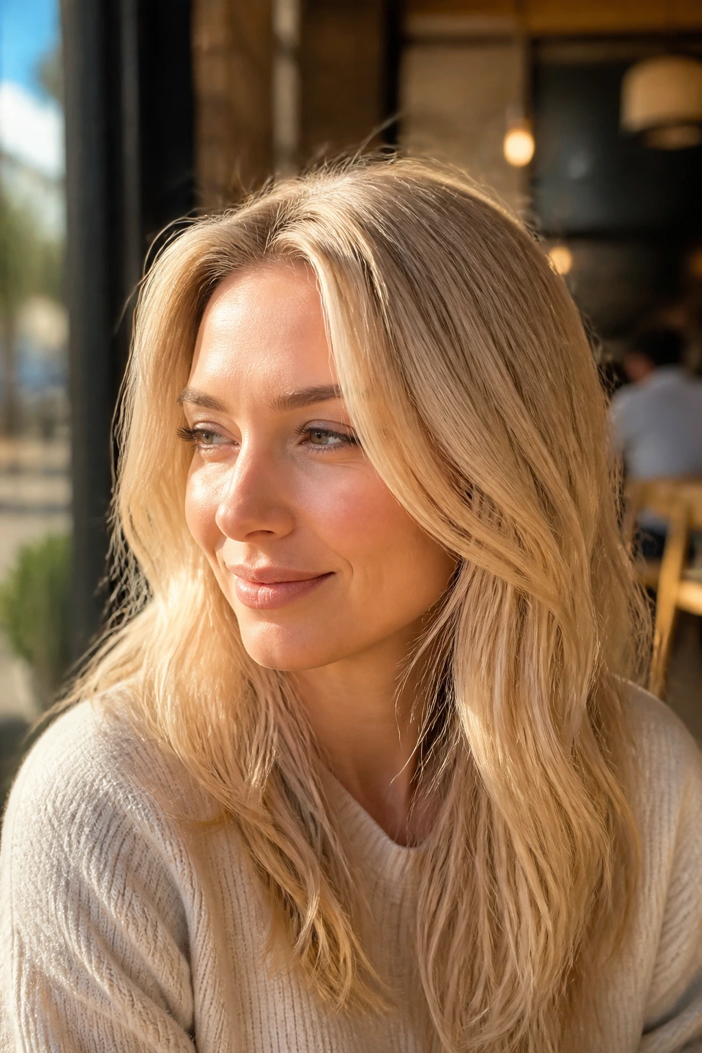 Close-up portrait of a real woman with buttercream blonde hair by a sunny cafe window