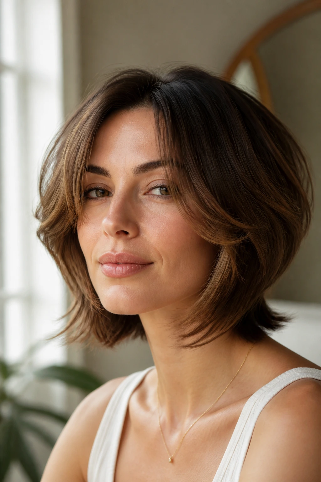 Close-up portrait of a real person with butterfly bob layers framing the face.
