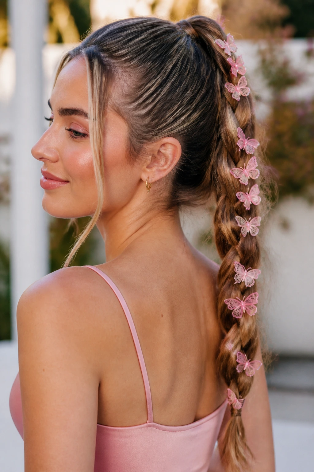 Close-up of a real woman with a braided ponytail adorned with pink butterfly pins along the braid.