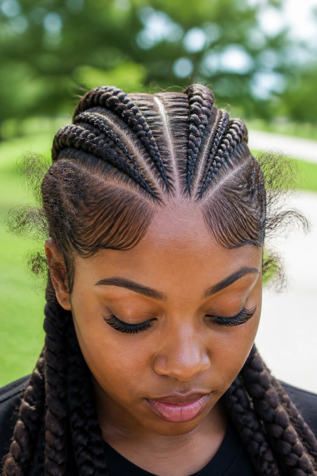 Real person with butterfly winged cornrows outdoors