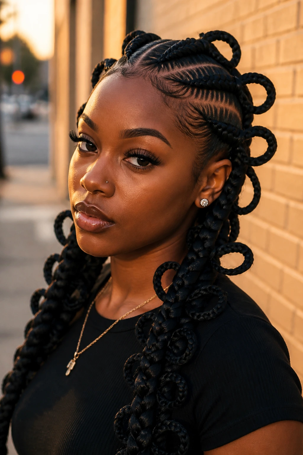 Close-up portrait of a woman with butterfly braids in outdoor golden hour light