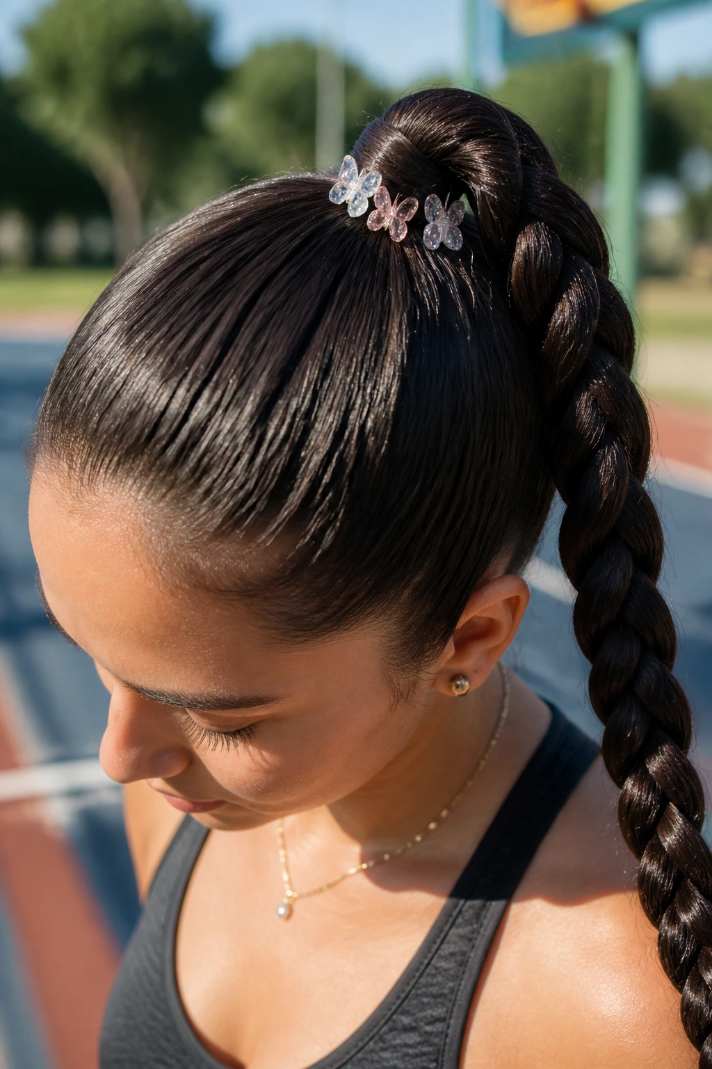 Close-up of a real woman’s high ponytail braid with miniature butterfly clips