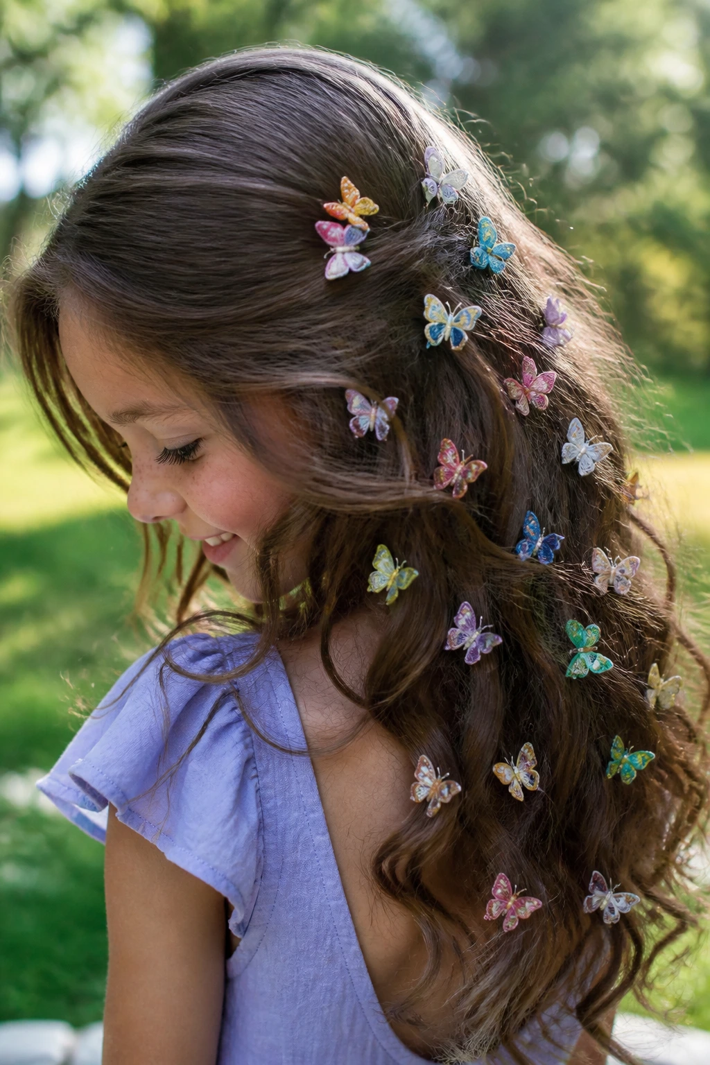 Close-up of real child with butterfly clips scattered through curled hair in a garden setting