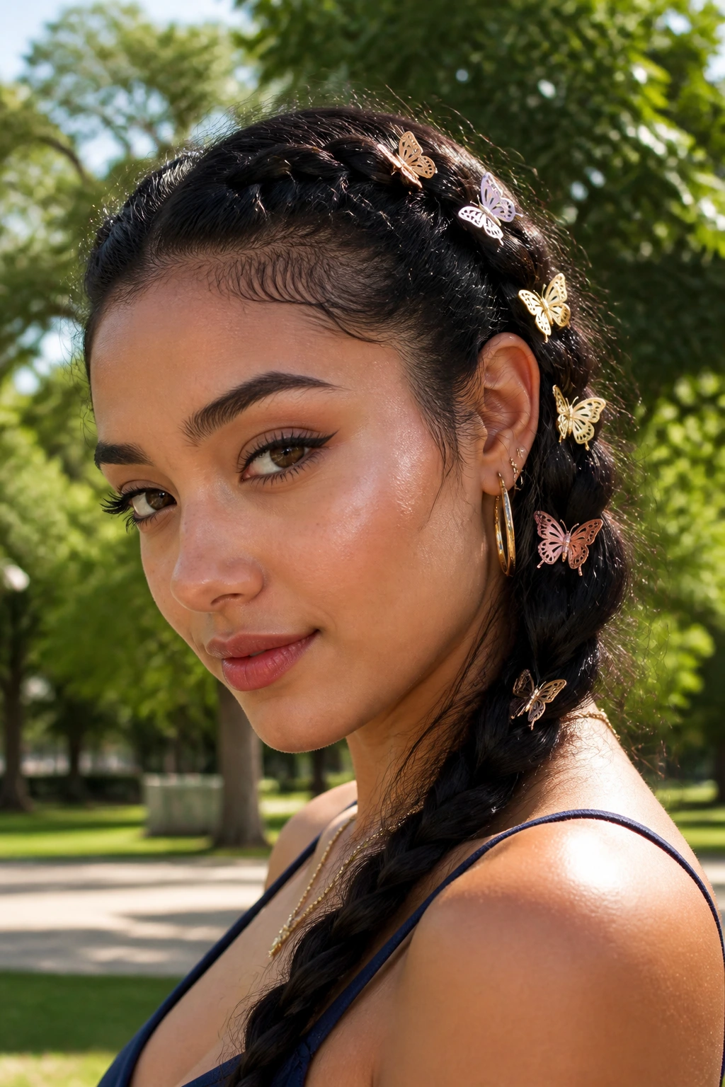 Close-up of a real woman wearing butterfly clips in her hair.
