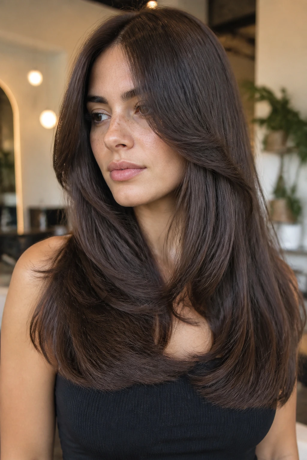 Close-up of a real woman with blunt perimeter butterfly cut in a chic salon