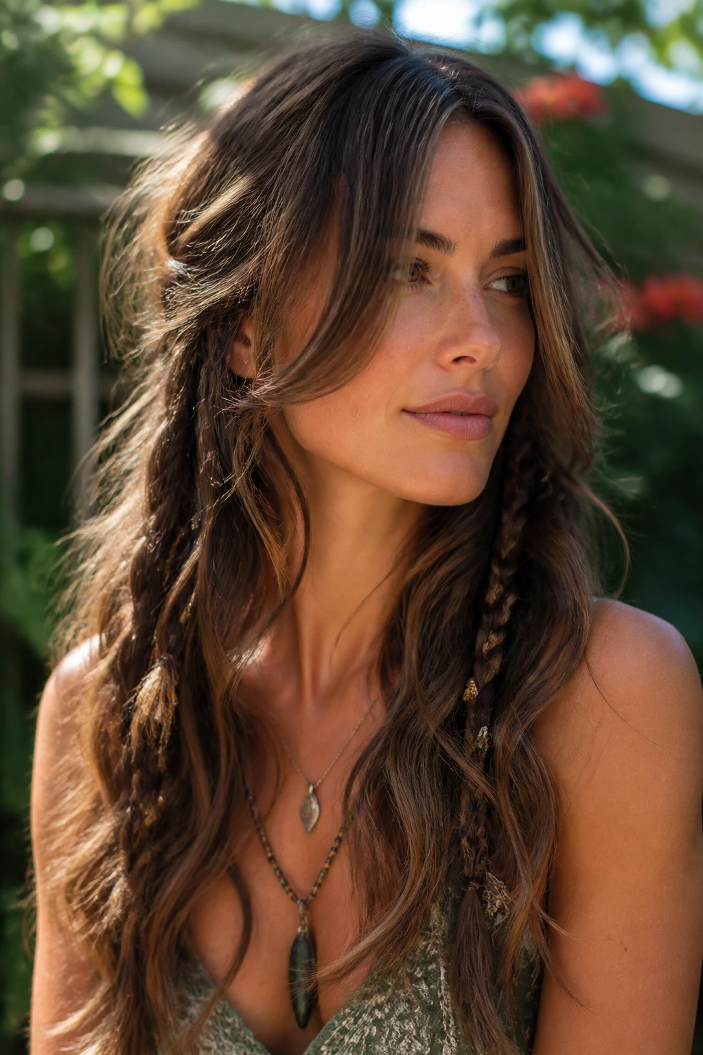 Close-up of a real woman with butterfly-cut hairstyle and bohemian braids in a garden