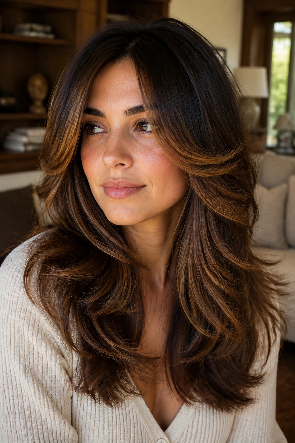 Close-up of a real woman with butterfly cut and caramel balayage accents.