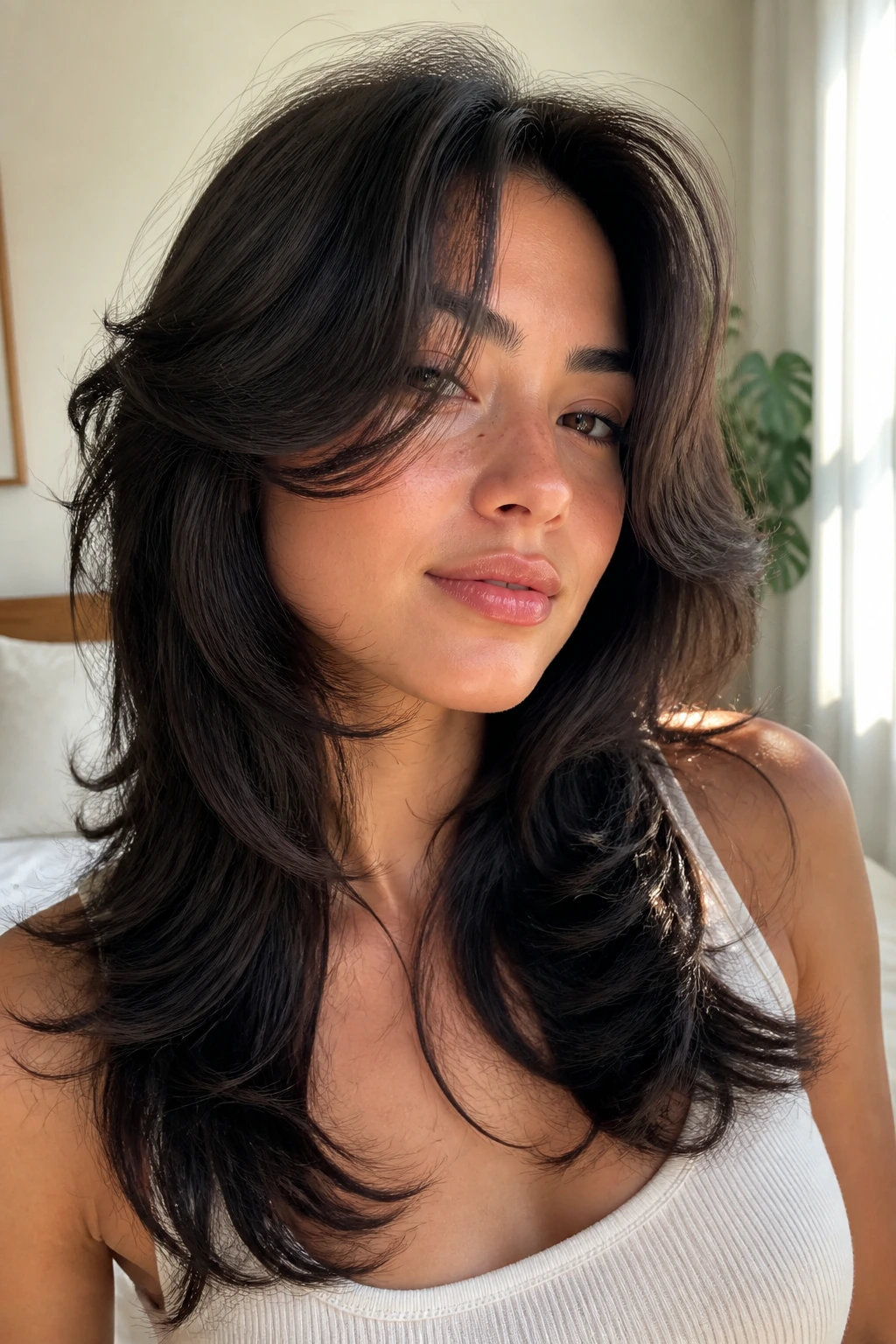 Real woman with butterfly-cut hairstyle featuring crown layers and long back layers
