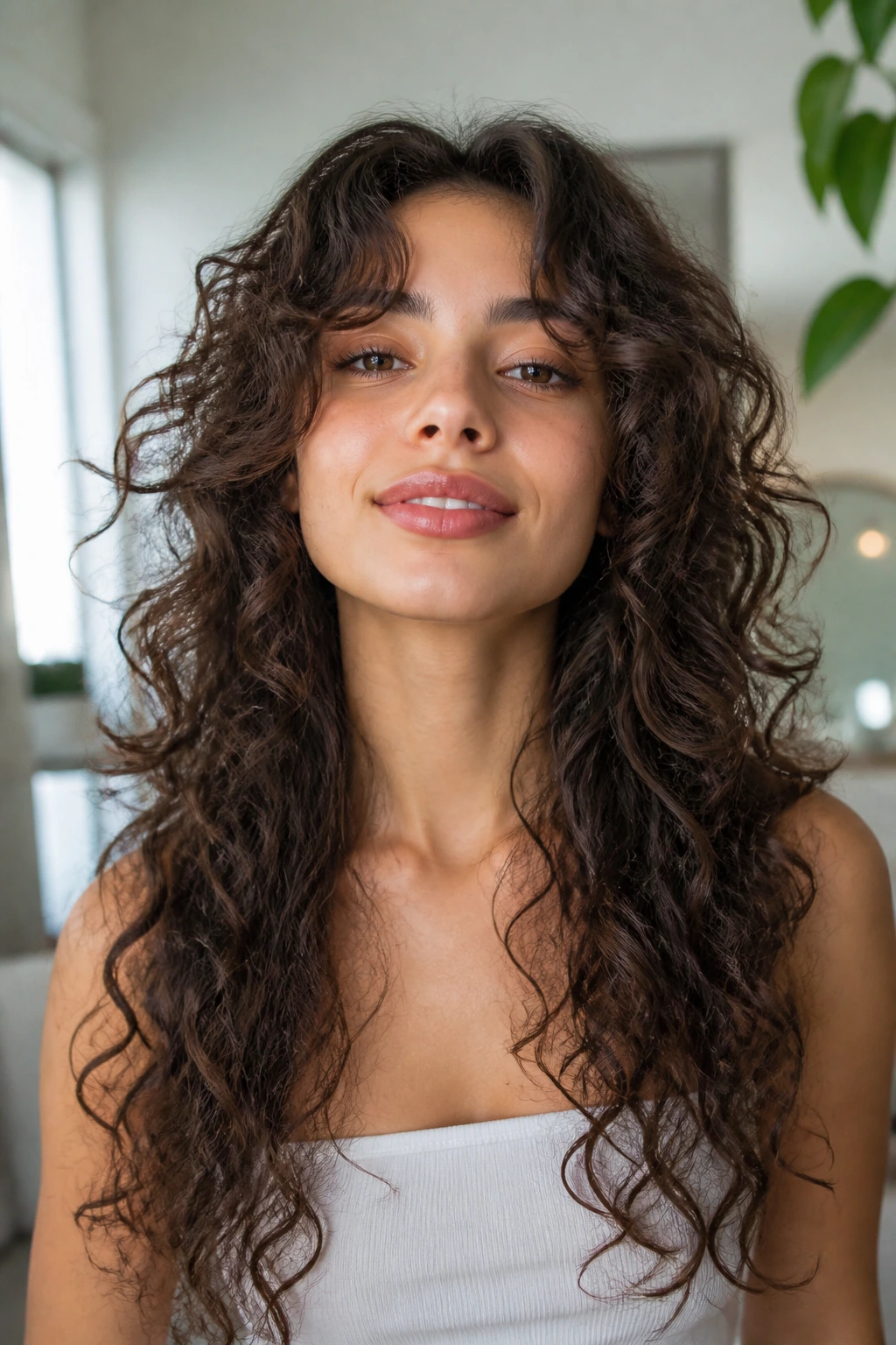 Close-up of a real person with butterfly cut curls showing shorter front layers and longer back