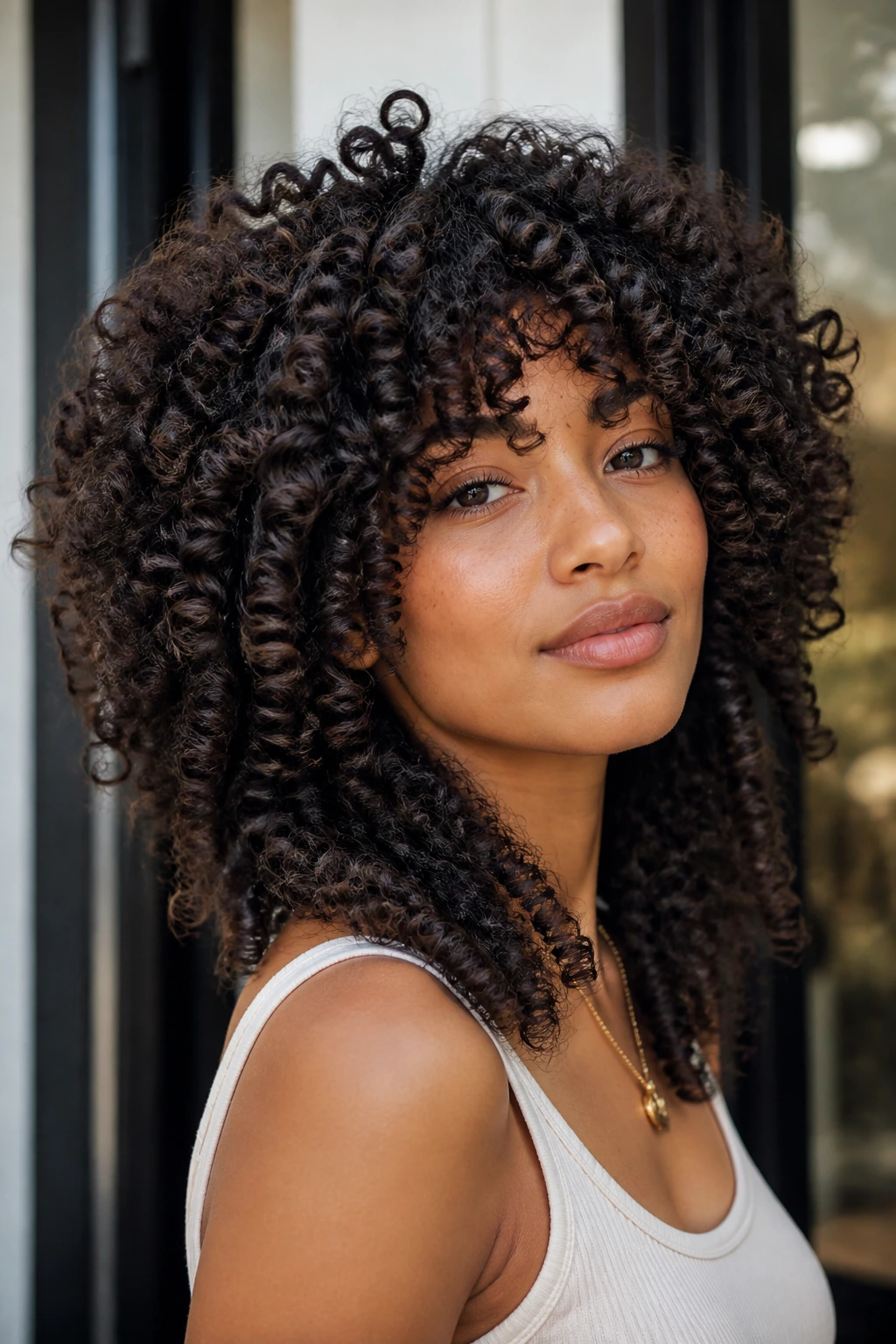 Portrait of a person with dense curls in a butterfly cut