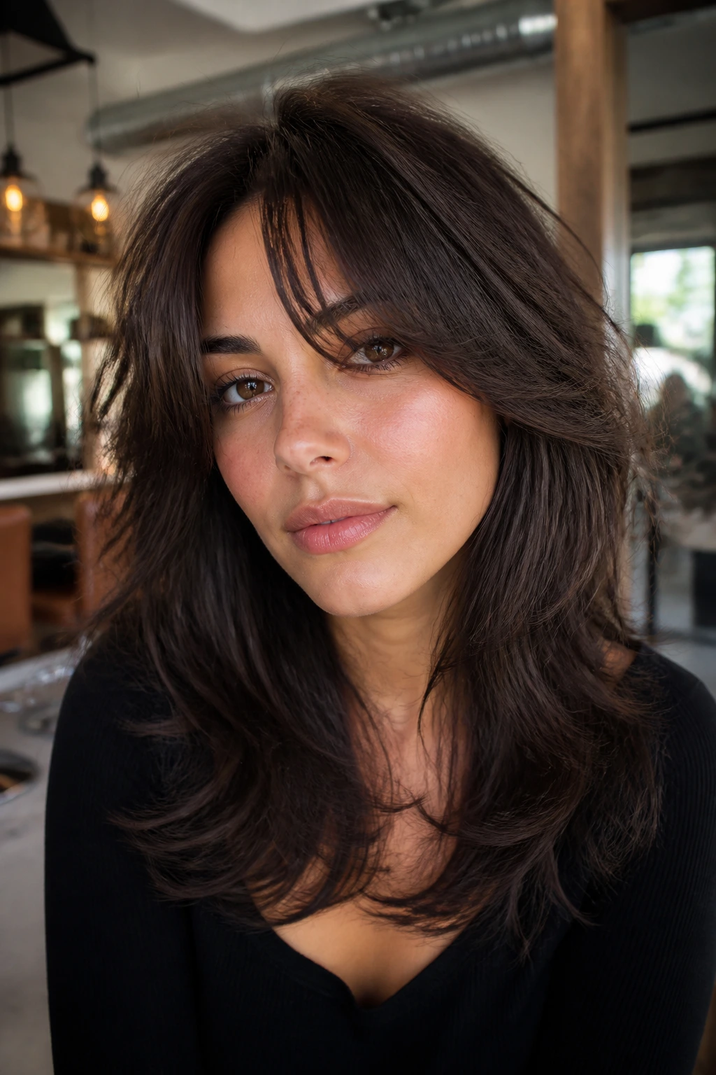 Portrait of a person with curtain bangs on a butterfly cut