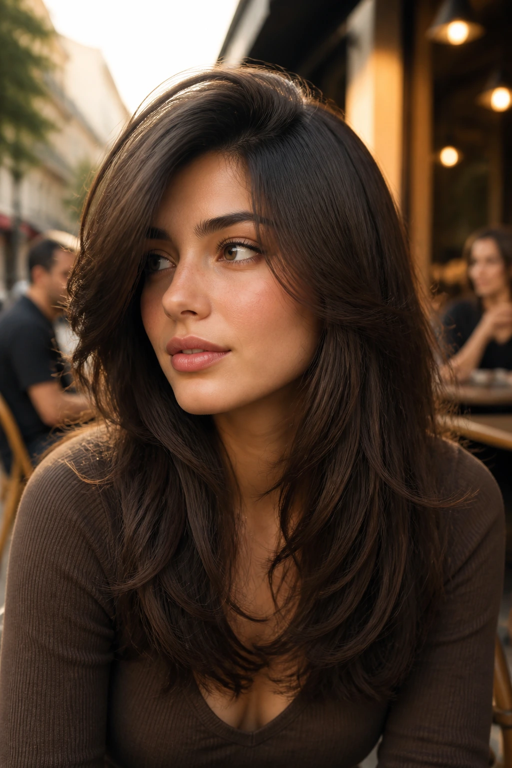 Portrait of woman with deep side part butterfly cut