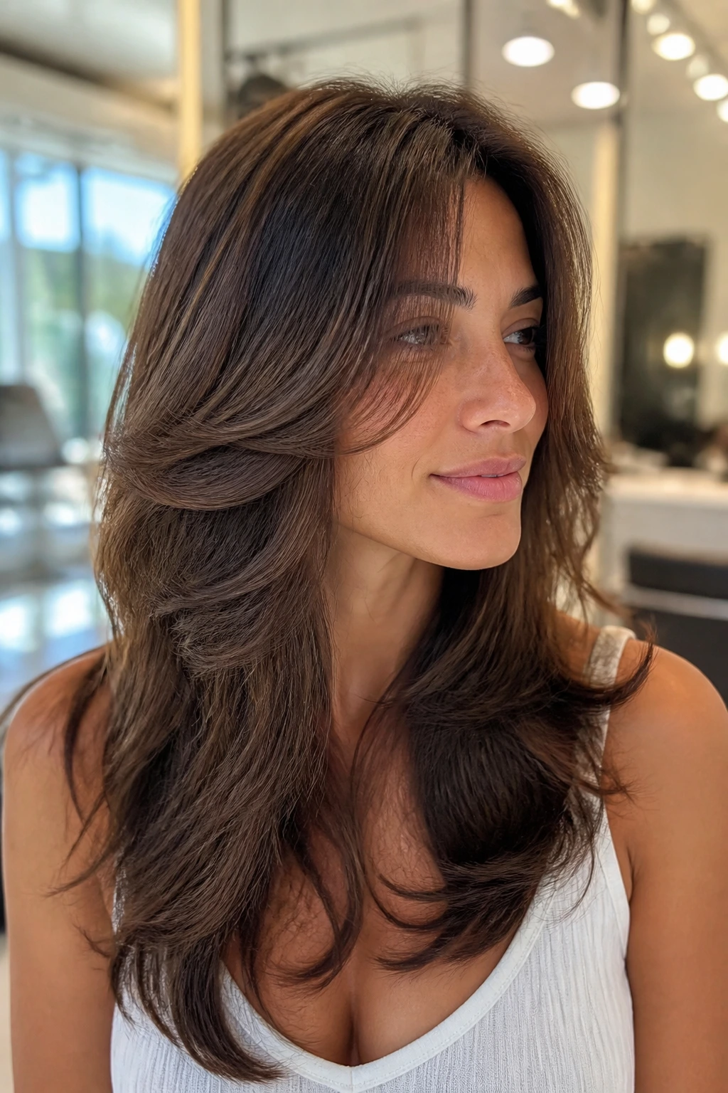 Portrait of a real woman with a butterfly cut showing shorter top layers and longer bottom layers framing the cheeks.