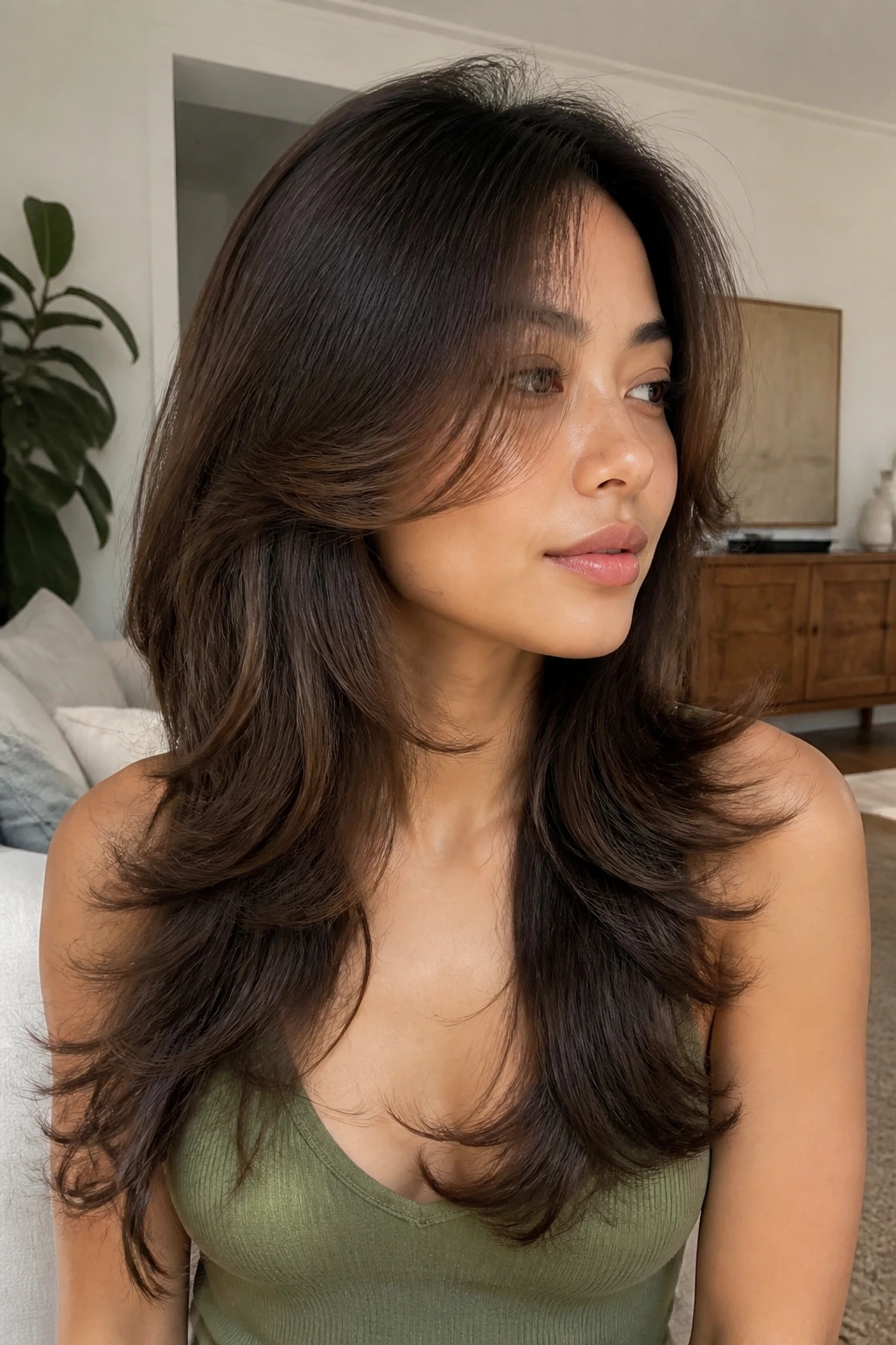 Close-up portrait of a real woman with butterfly cut face-framing layers