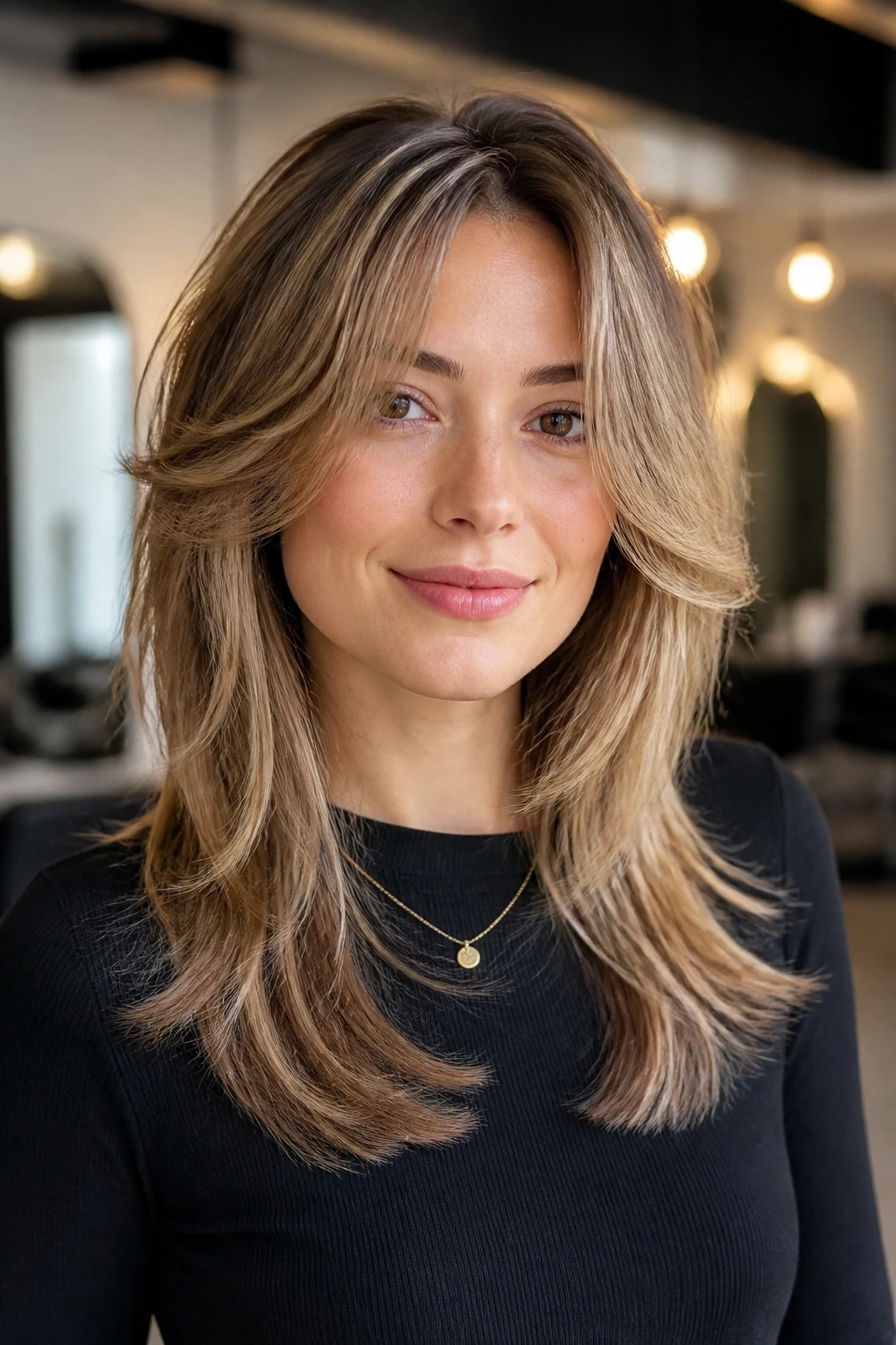 Close-up portrait of a real woman with butterfly-cut hairstyle showing face-framing layers.