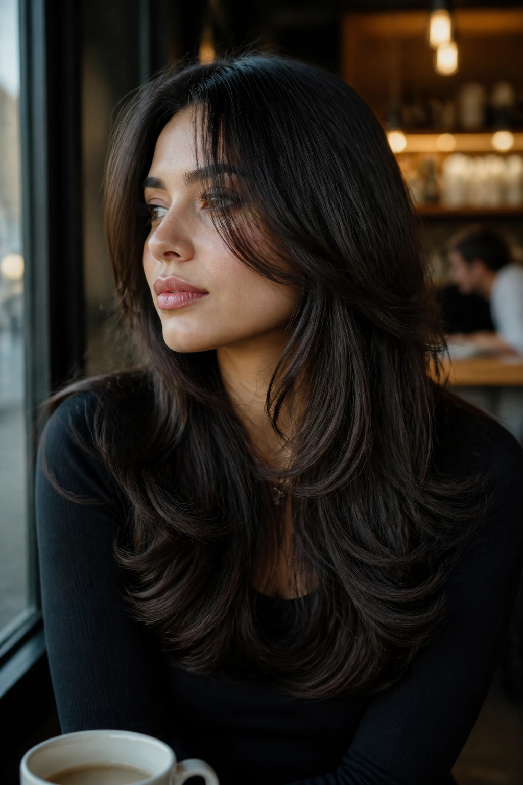 Close-up of a real woman with subtle face-framing tendrils butterfly cut in a cozy cafe