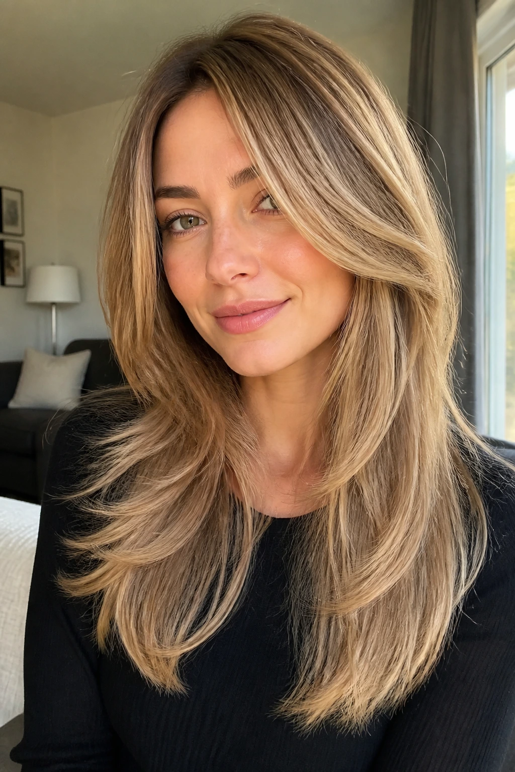 Close-up of real woman with butterfly cut adding density to fine straight hair