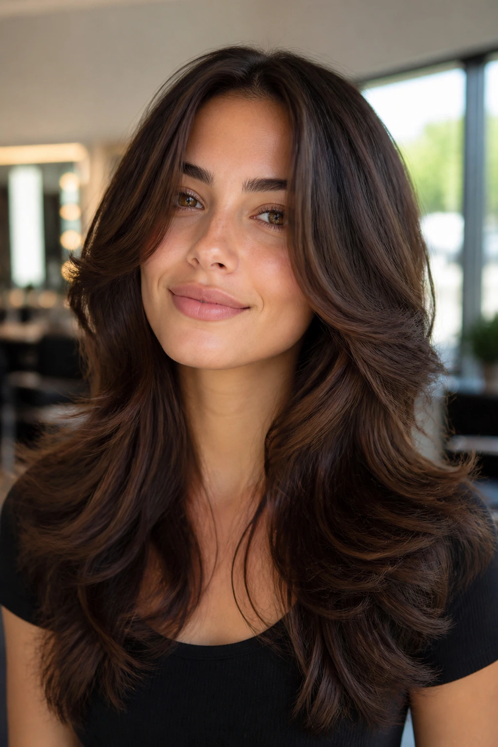 Close-up portrait of a woman with voluminous butterfly-cut hair in a sunlit salon