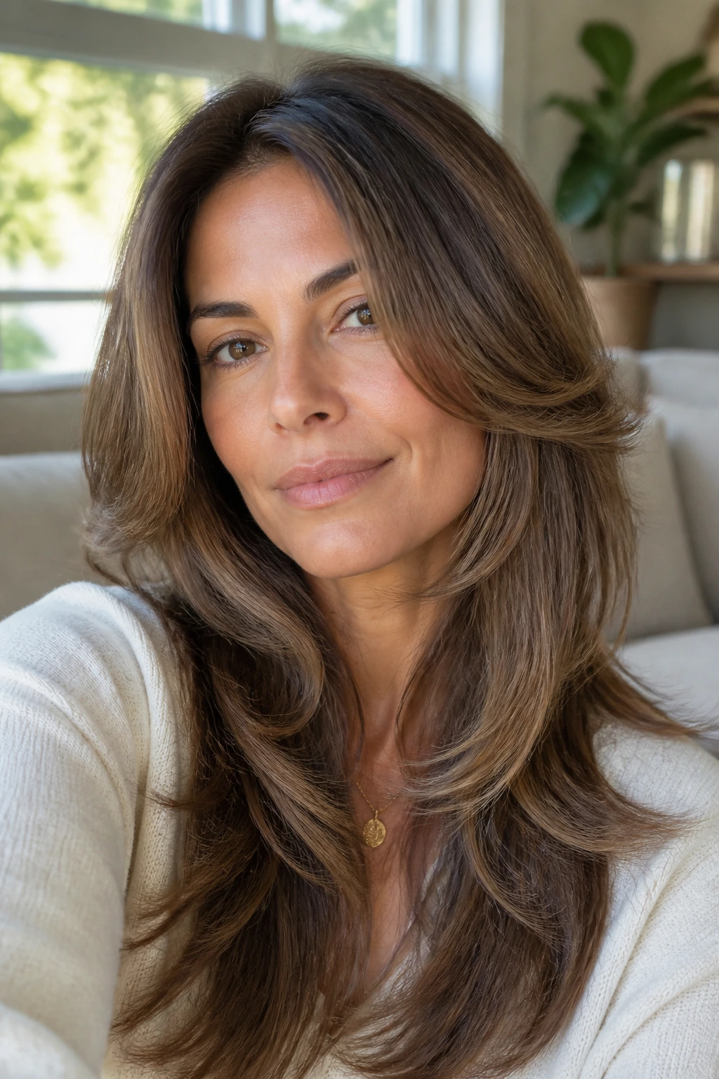Close-up portrait of a real woman with a butterfly cut and outward-flipping layers.