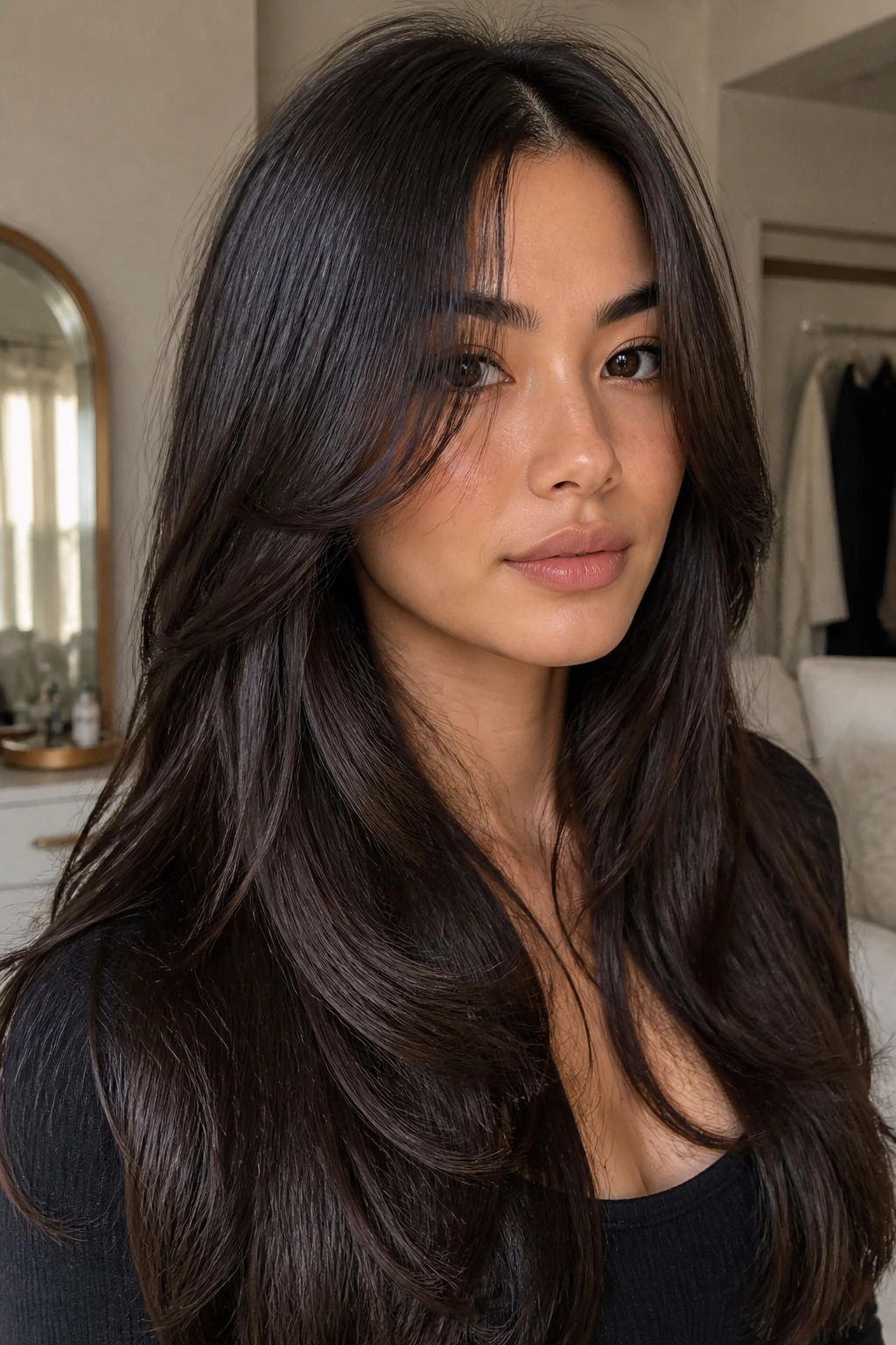 Close-up portrait of a real woman with long glossy butterfly-cut hair in a sunlit dressing room