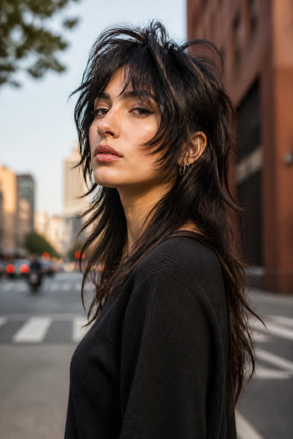 Portrait of a real person with a modern mullet butterfly hairstyle on an urban street
