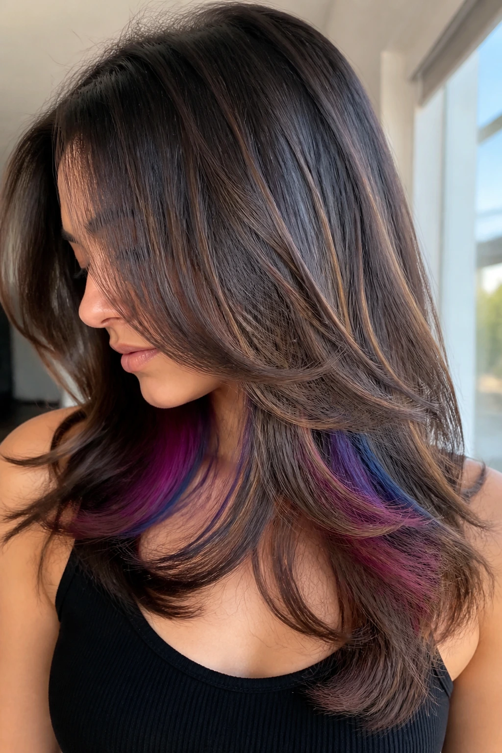 Close-up of a real woman with peek-a-boo color butterfly-cut hair at the nape
