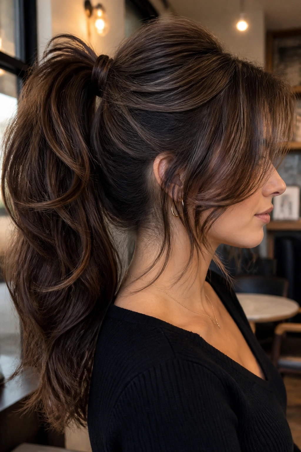 Close-up profile of a real woman with a layered butterfly cut in a ponytail