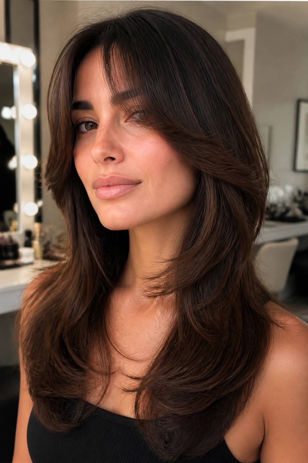 Portrait of a real woman with butterfly cut softening square jawline.