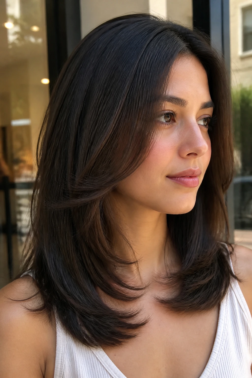 Portrait of person with butterfly cut on straight hair, layers sweeping away from face.
